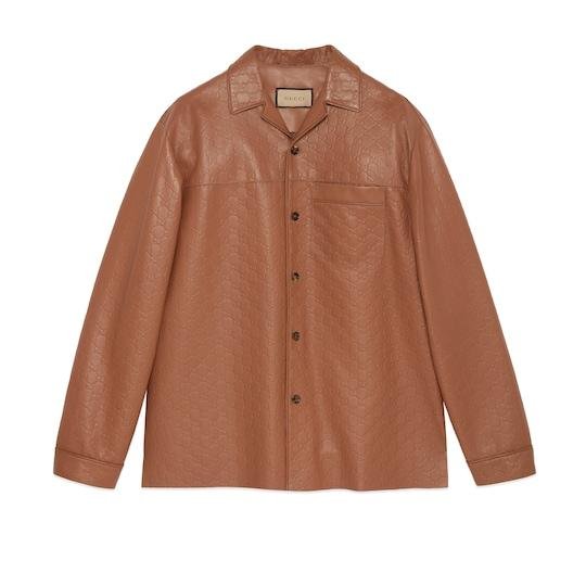 GG embossed leather shirt in light brown by GUCCI