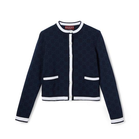 GG fine cotton jacquard cardigan in navy and white by GUCCI