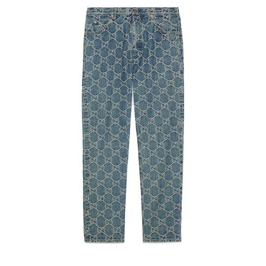 GG jacquard denim pant in blue and white by GUCCI