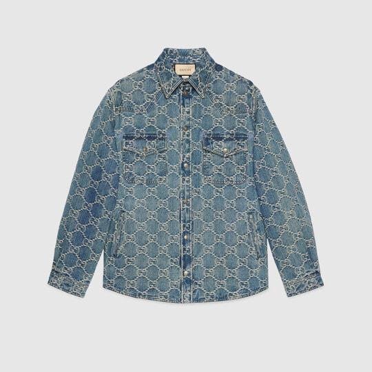 GG jacquard denim shirt in blue and white by GUCCI