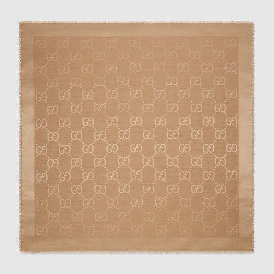 GG jacquard silk wool shawl in camel by GUCCI