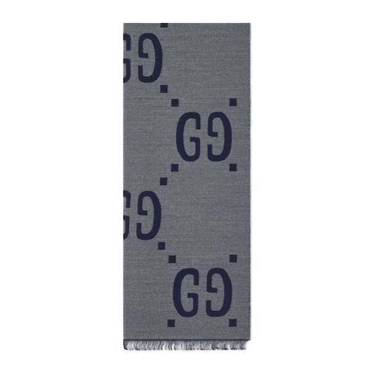GG jacquard wool silk scarf in light grey by GUCCI
