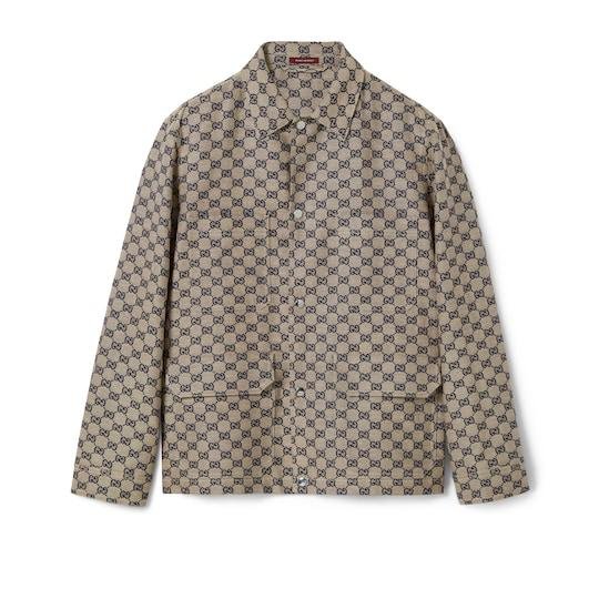 GG linen blend canvas jacket in beige and blue by GUCCI