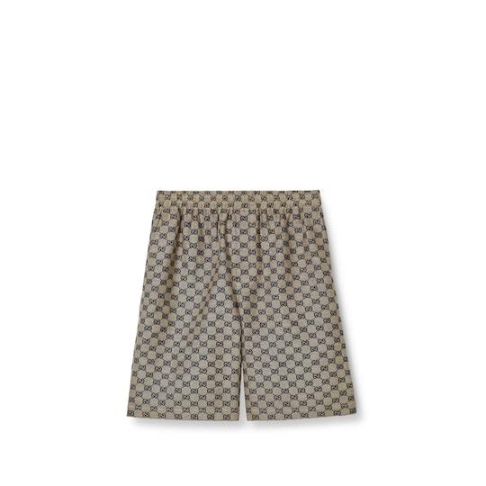 GG linen blend shorts in beige and blue by GUCCI