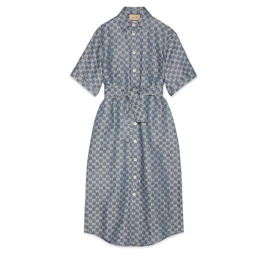 GG linen jacquard dress in blue and ivory by GUCCI