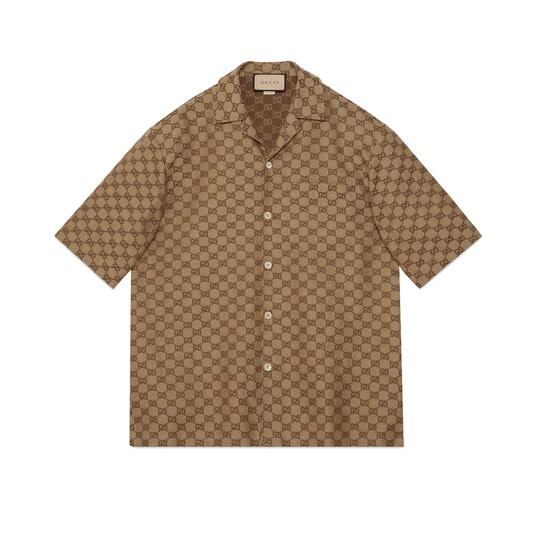 GG linen shirt in camel and ebony by GUCCI