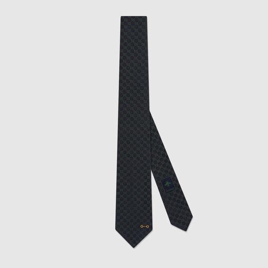 GG silk jacquard tie in dark blue and green by GUCCI