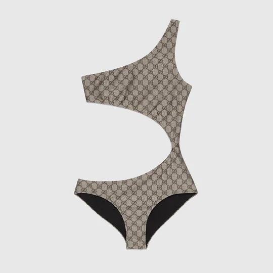 GG stretch jersey swimsuit in beige and ebony by GUCCI