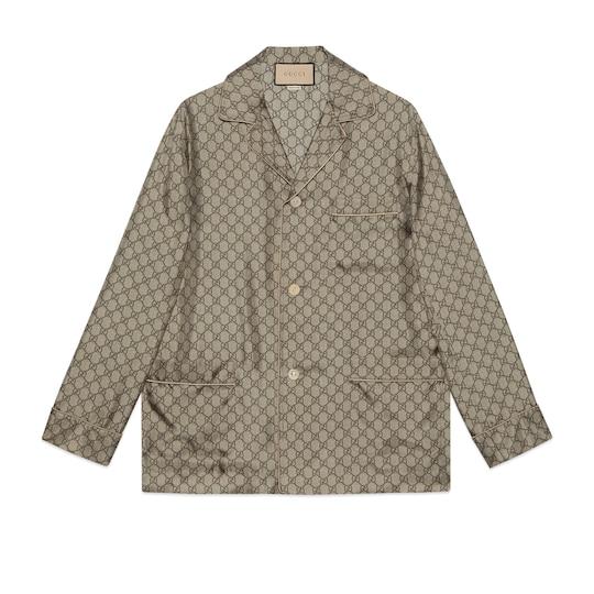 GG supreme print silk jacket in beige and ebony by GUCCI