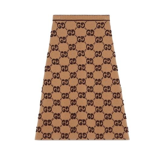 GG wool bouclé jacquard skirt in camel and brown by GUCCI
