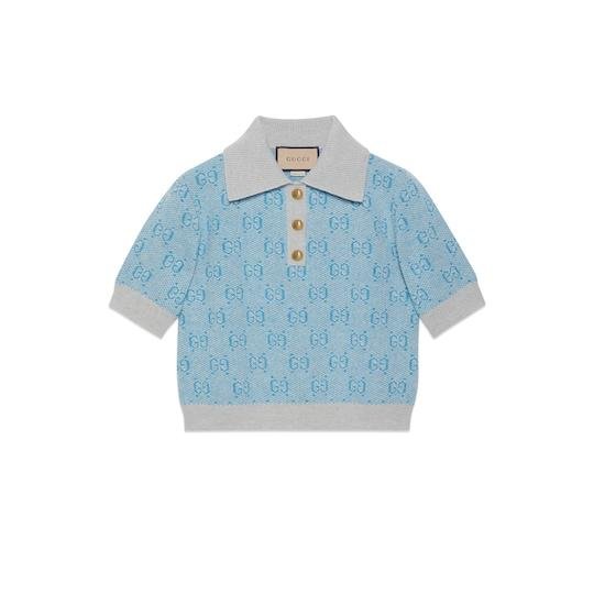 GG wool jacquard polo in light blue by GUCCI