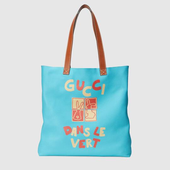 'Gucci Dans Le Vert' print large tote bag in blue leather by GUCCI 'Gucci Dans Le Vert' print large tote bag in blue leather by GUCCI
