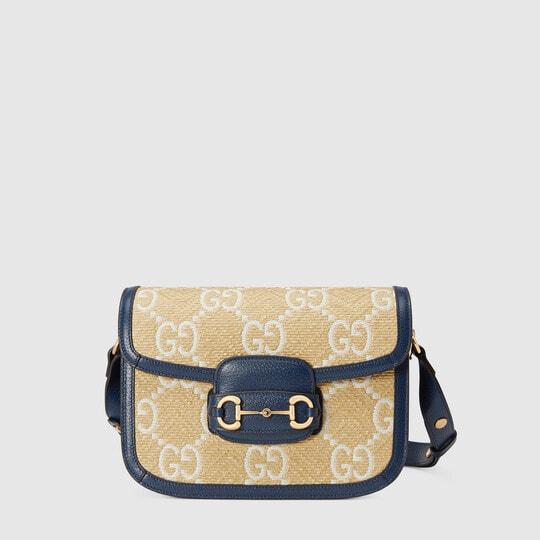 Gucci Horsebit 1955 shoulder bag in beige and white raffia effect by GUCCI Gucci Horsebit 1955 shoulder bag in beige and white raffia effect by GUCCI