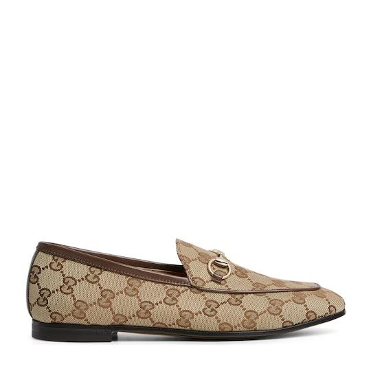 Gucci Jordaan loafer in beige and ebony GG canvas by GUCCI