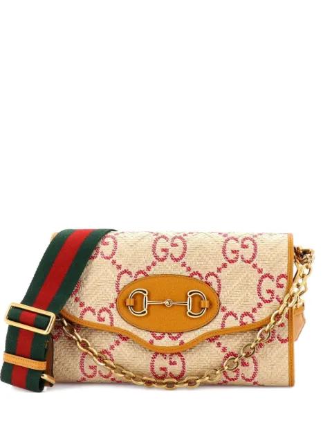 Horsebit 1955 Curved Flap Jumbo GG Raffia Small shoulder bag by GUCCI 