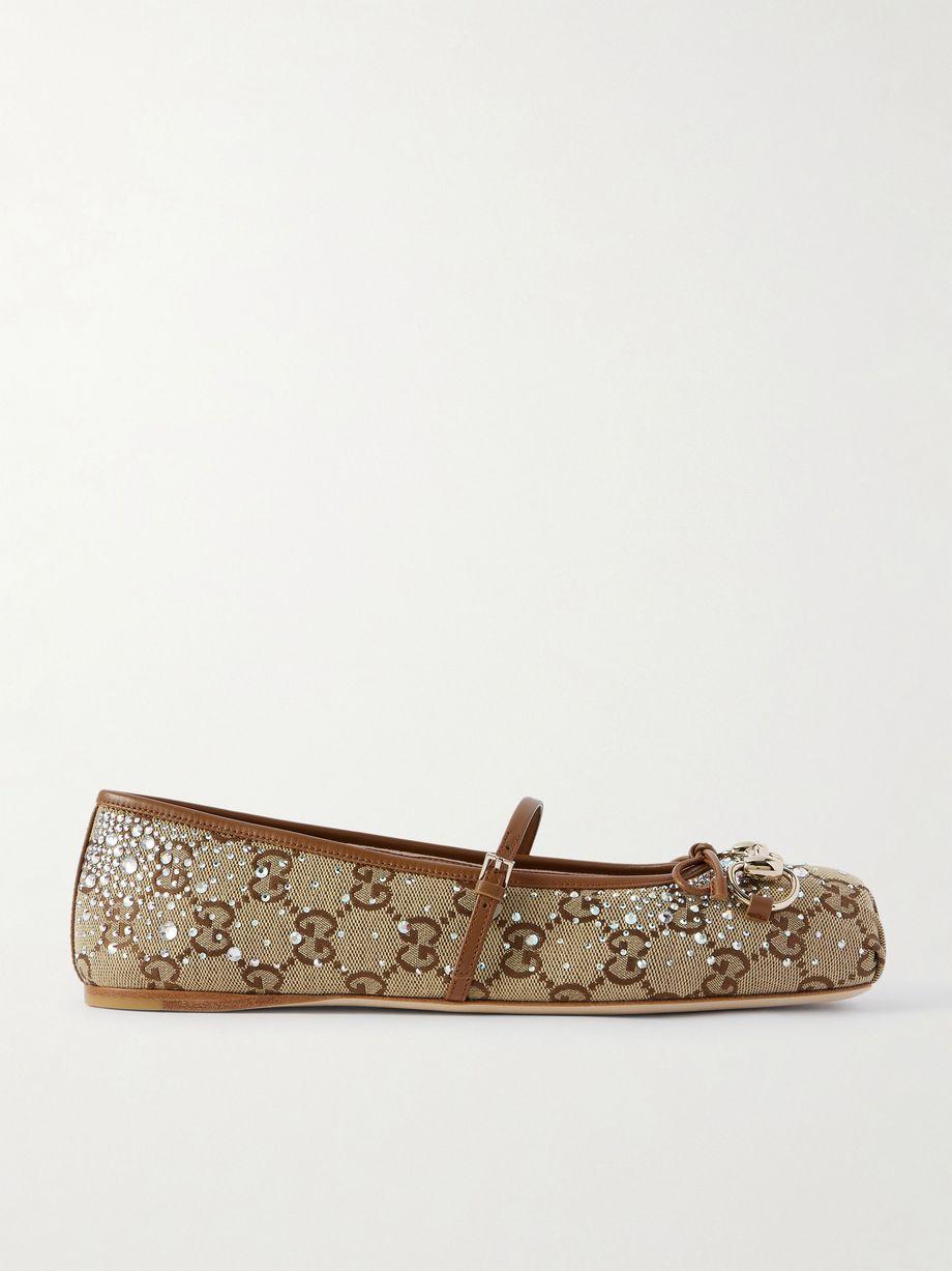 Horsebit Ballerina leather-trimmed crystal-embellished canvas-jacquard flats by GUCCI