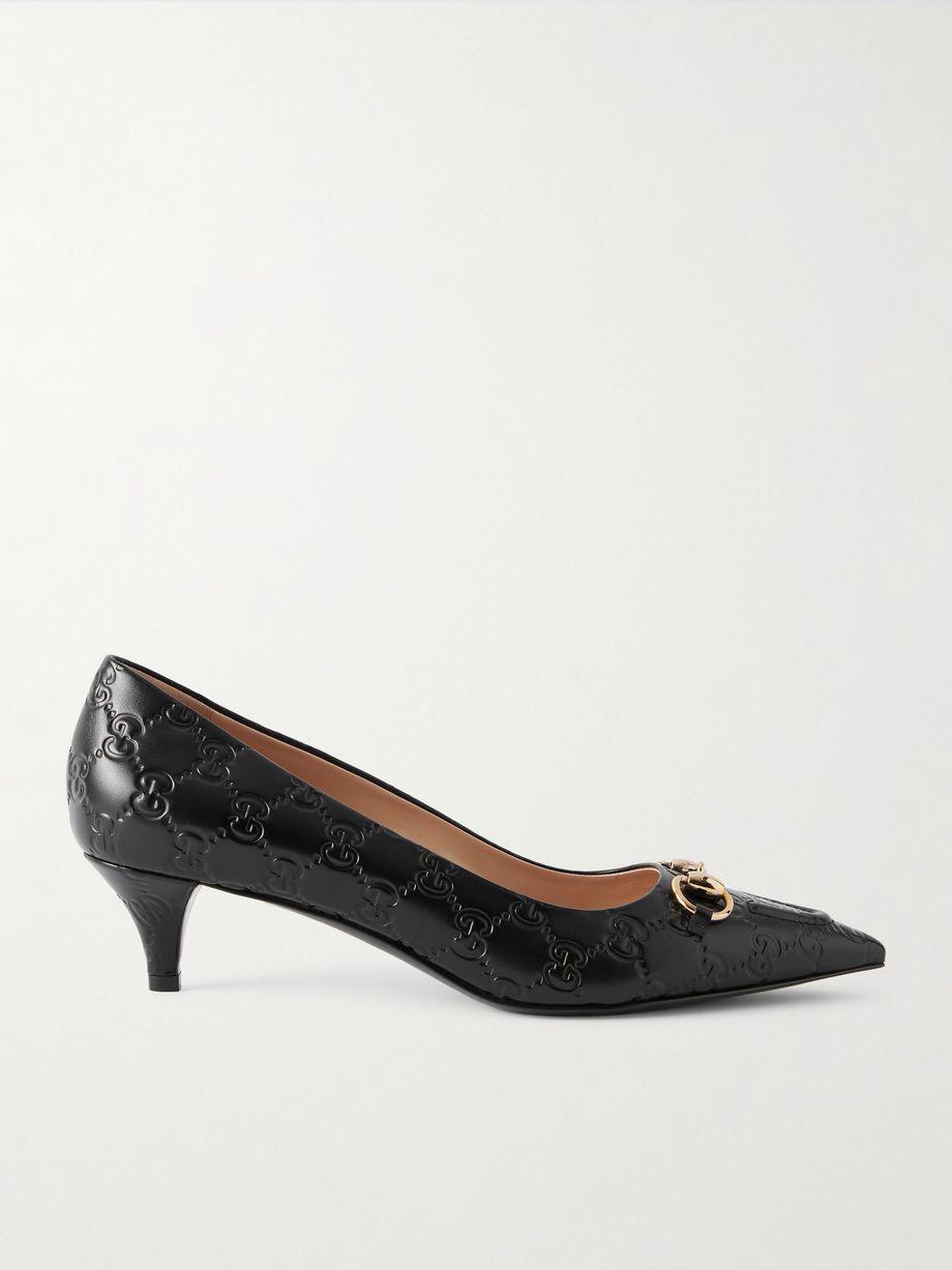 Horsebit-detailed logo-debossed leather pumps by GUCCI