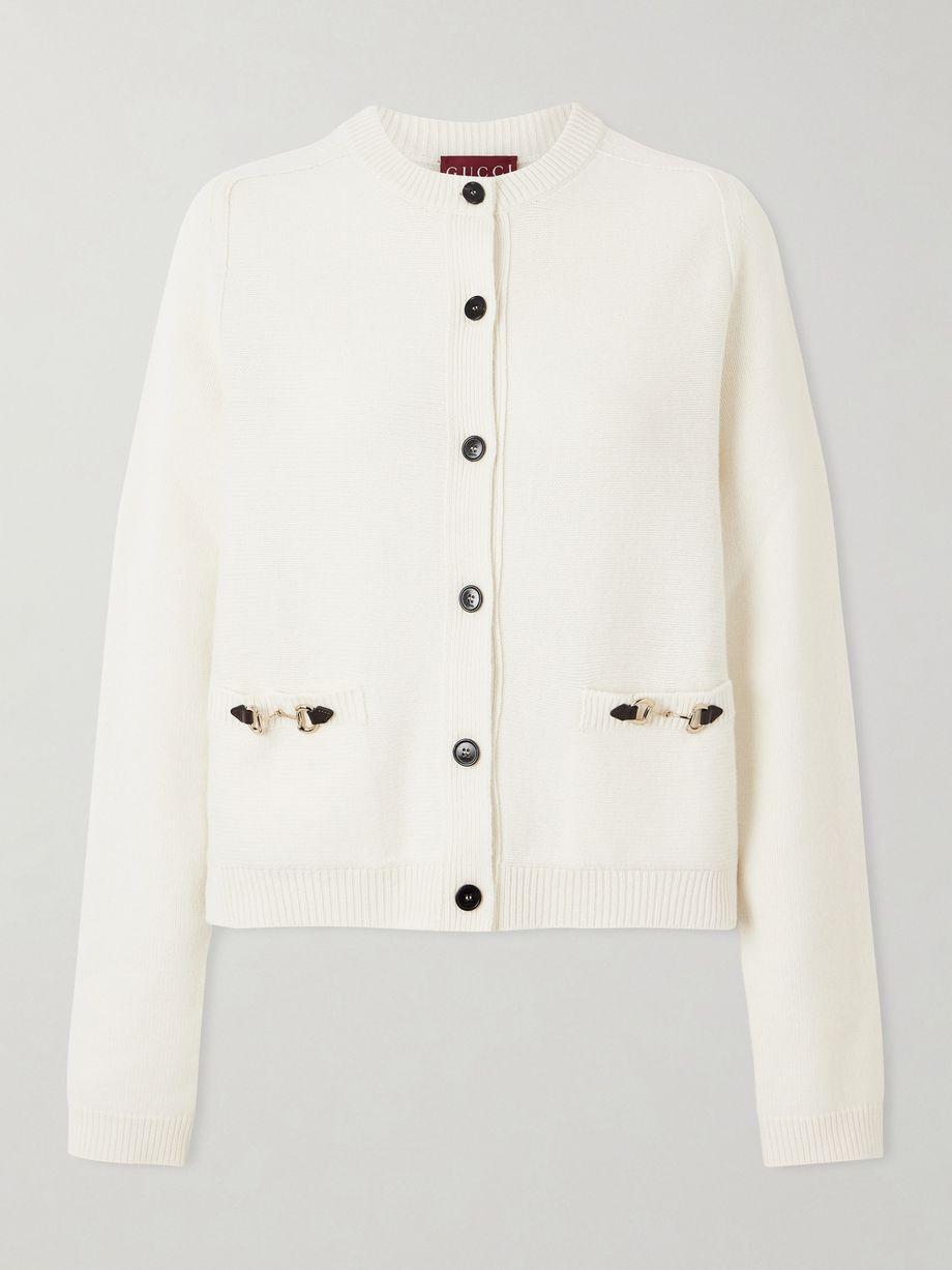 Horsebit-embellished leather-trimmed wool and cashmere-blend cardigan by GUCCI