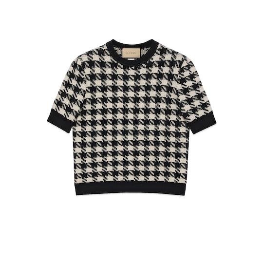Houndstooth crewneck top in ivory and black by GUCCI