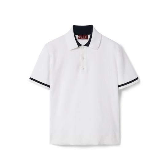 Knit cotton polo shirt with intarsia in white by GUCCI