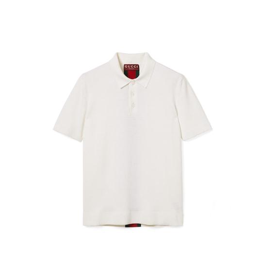Knit wool polo shirt with Web in ivory by GUCCI