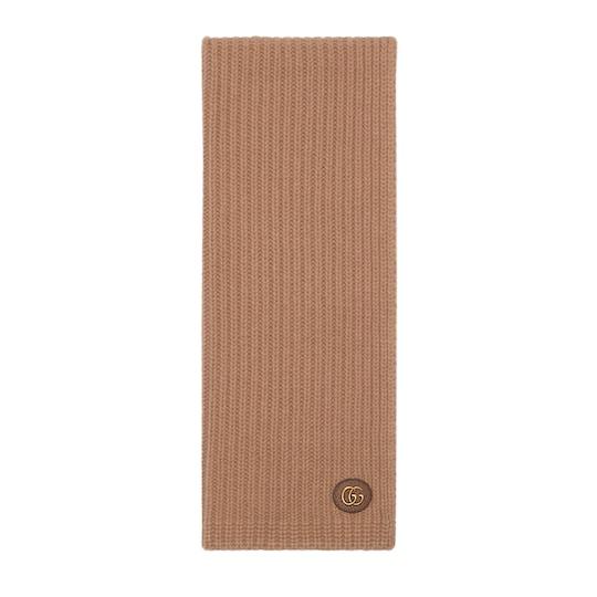 Knit wool scarf with patch in camel by GUCCI