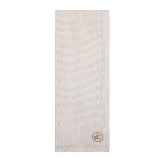 Knit wool scarf with patch in ivory by GUCCI