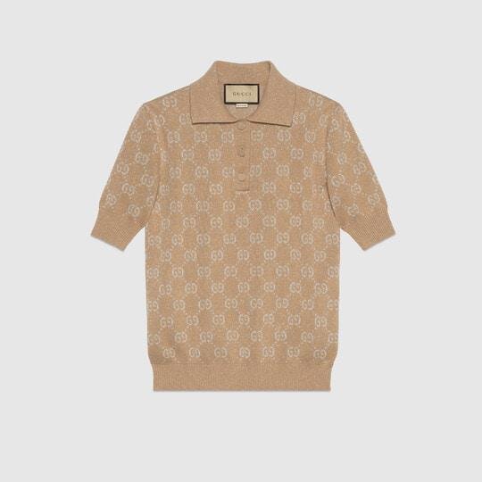 Lamé GG jacquard knit polo in camel and beige by GUCCI