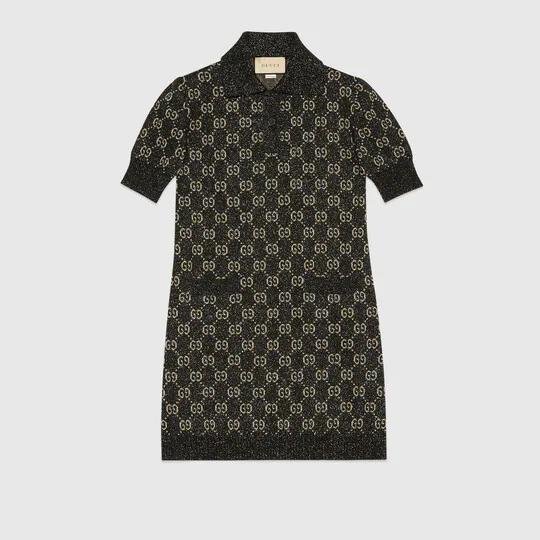Lamé GG jacquard polo dress in black and beige by GUCCI