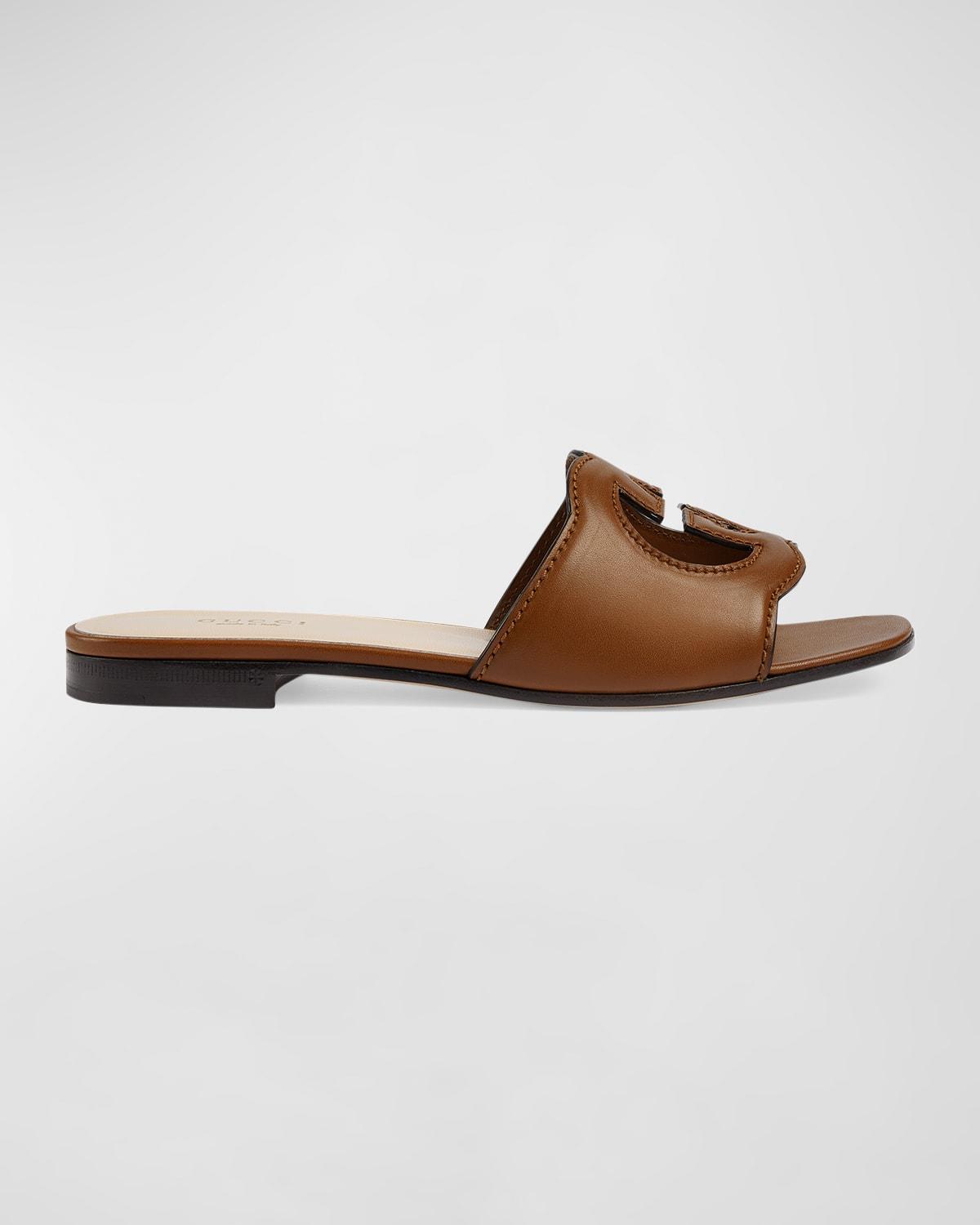 Leather Logo Cutout Flat Sandals by GUCCI
