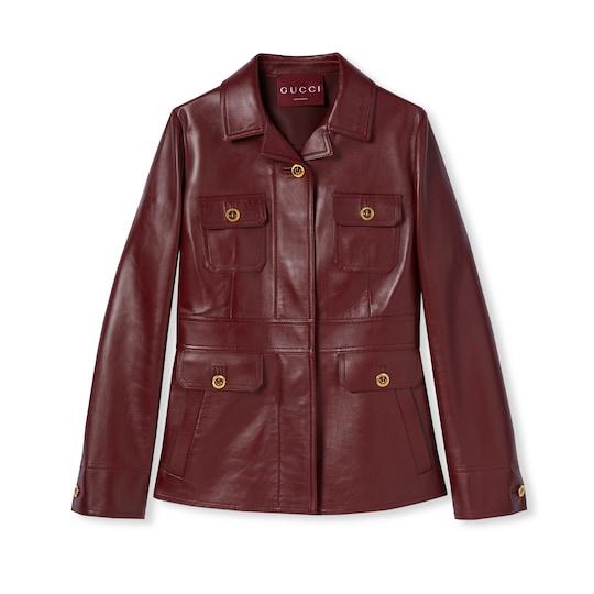 Leather jacket with embossed logo in rosso ancora red by GUCCI Leather jacket with embossed logo in rosso ancora red by GUCCI