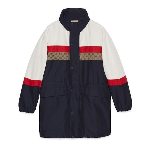 Matte fabric coat in off white and dark blue by GUCCI