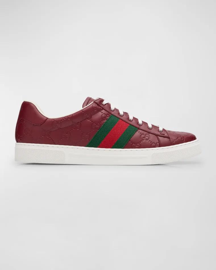 Men's Ace GG Embossed Leather Low-Top Sneakers by GUCCI