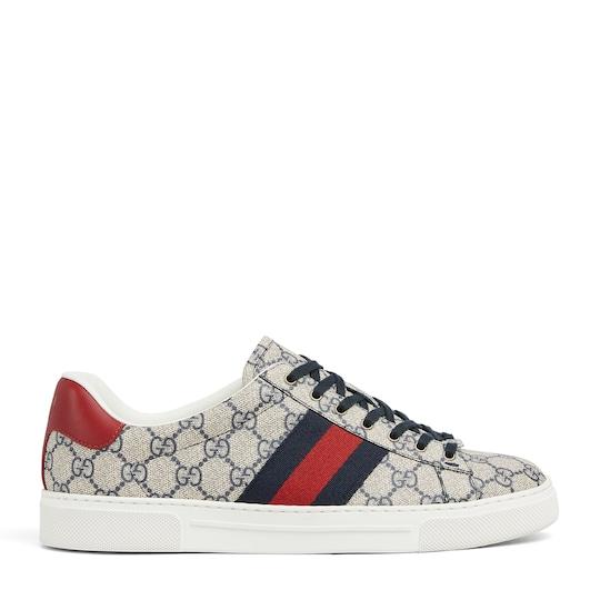 Men's Gucci Ace sneaker with Web in beige and blue GG Supreme by GUCCI