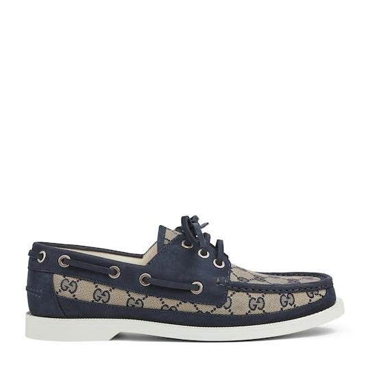 Men's Original GG lace-up loafer  in beige and blue canvas by GUCCI