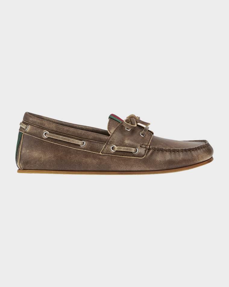 Men's Web Washed-Effect Leather Boat Shoes by GUCCI