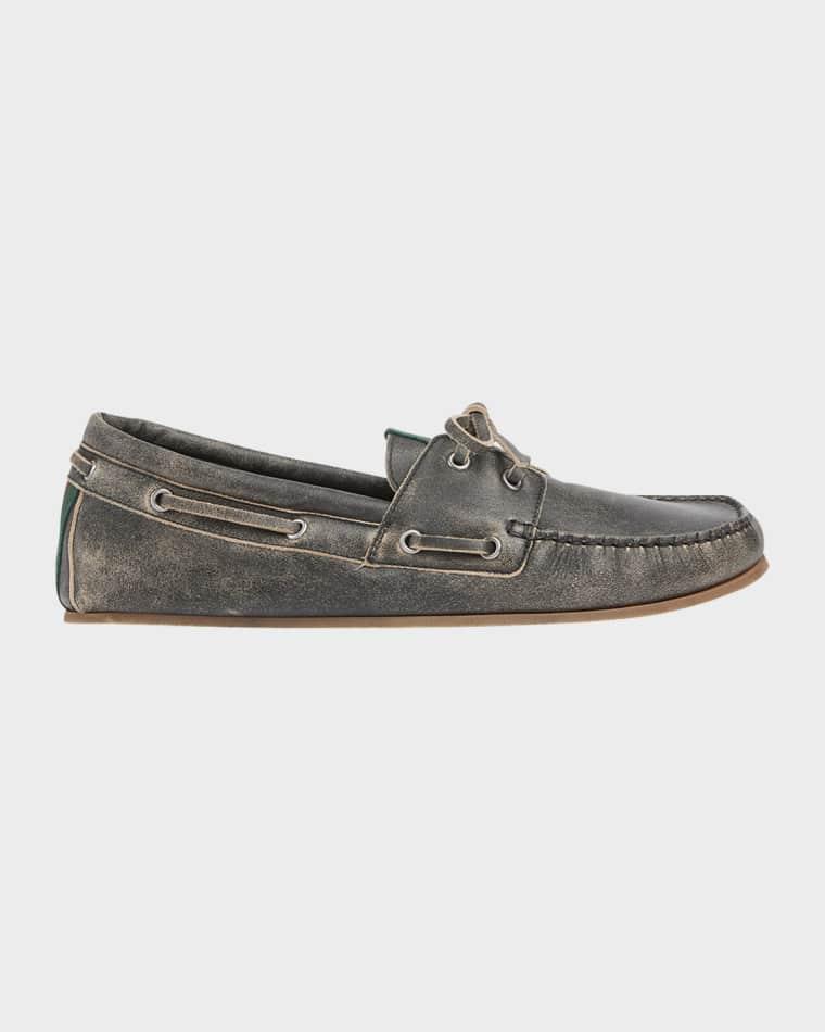 Men's Web Washed-Effect Leather Boat Shoes by GUCCI