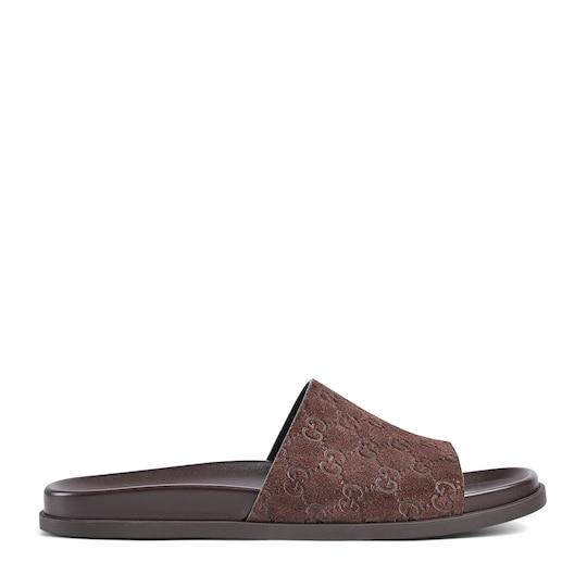Men's slide sandal  in brown GG suede by GUCCI
