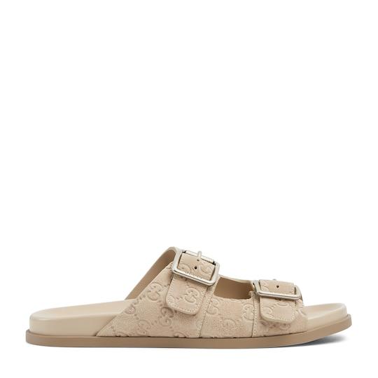 Men's slide sandal in oatmeal GG suede by GUCCI