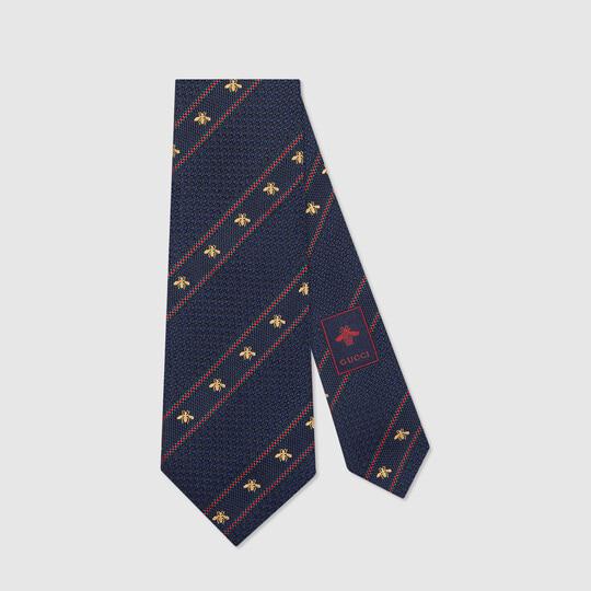 Midnight Blue And Red Silk Bee Web Tie by GUCCI