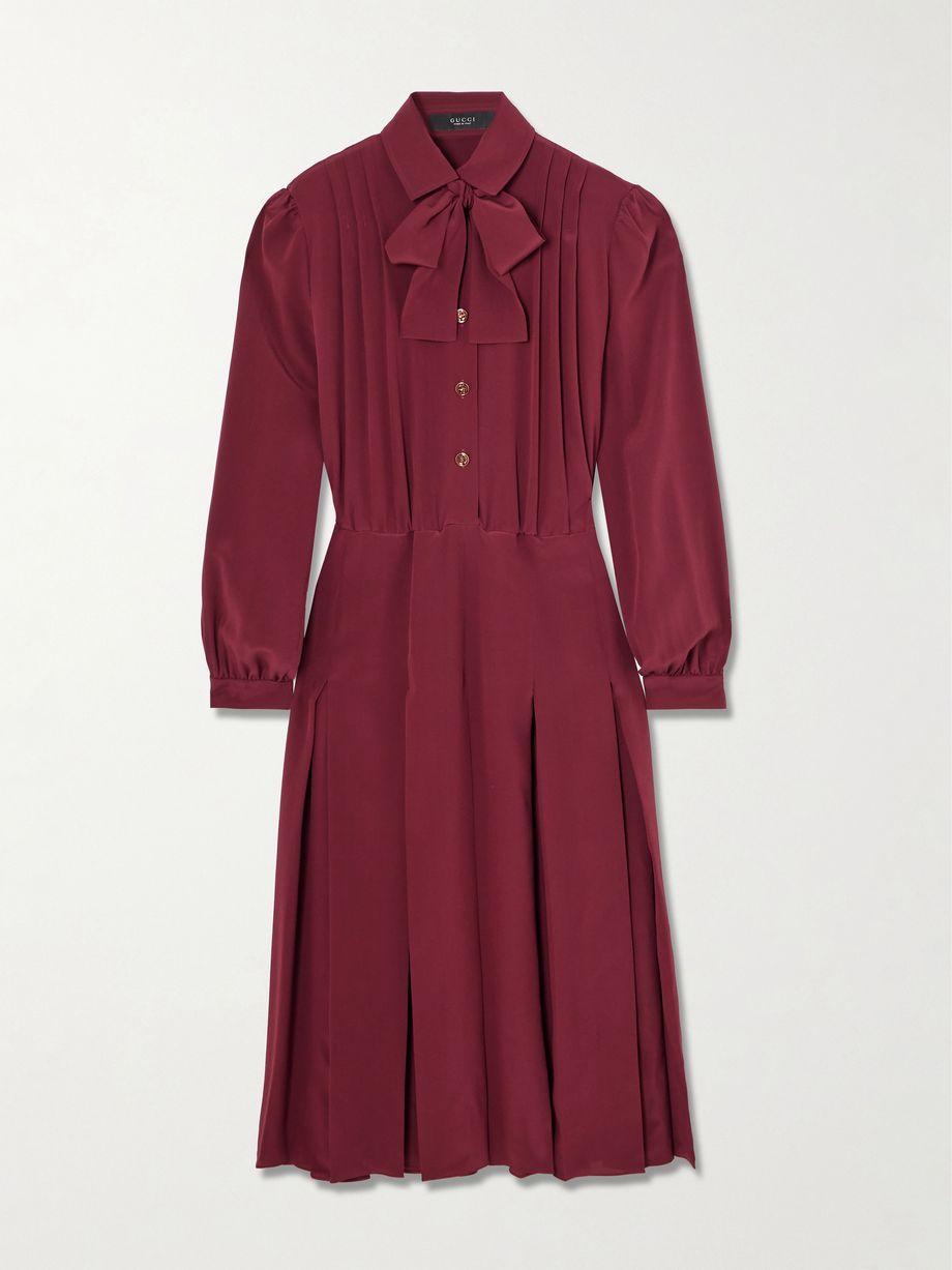 Pintucked bow-detailed silk crepe de chine midi shirt dress by GUCCI