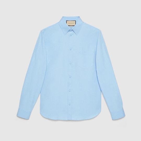 Poplin cotton shirt with embroidery in light blue by GUCCI