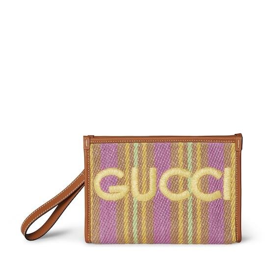 Pouch with Gucci logo in multicolor jute by GUCCI