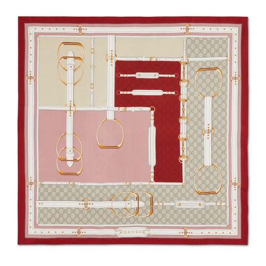 Printed silk carré in bordeaux and pink by GUCCI