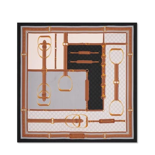 Printed silk carré in grey and ivory by GUCCI