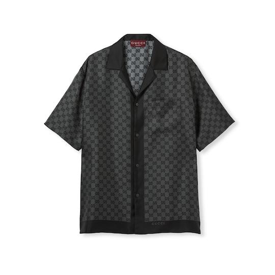 Printed silk twill bowling shirt in grey and black by GUCCI
