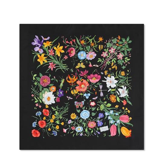 Printed silk twill carré in black and multicolor by GUCCI