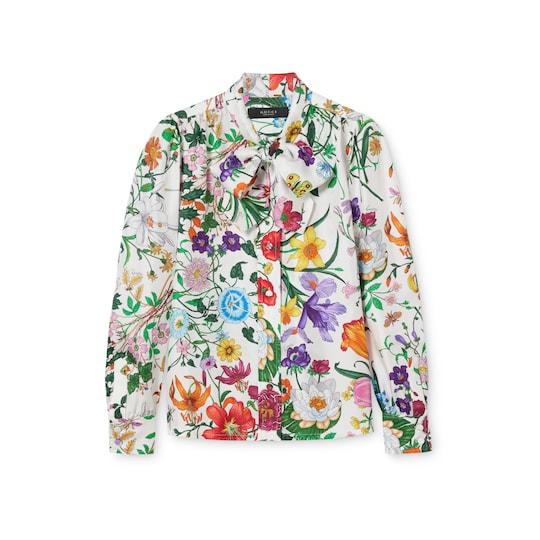 Printed silk twill shirt with bow by GUCCI