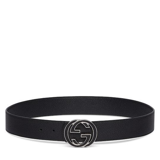 Reversible belt with Interlocking G buckle in black Supreme and black leather by GUCCI