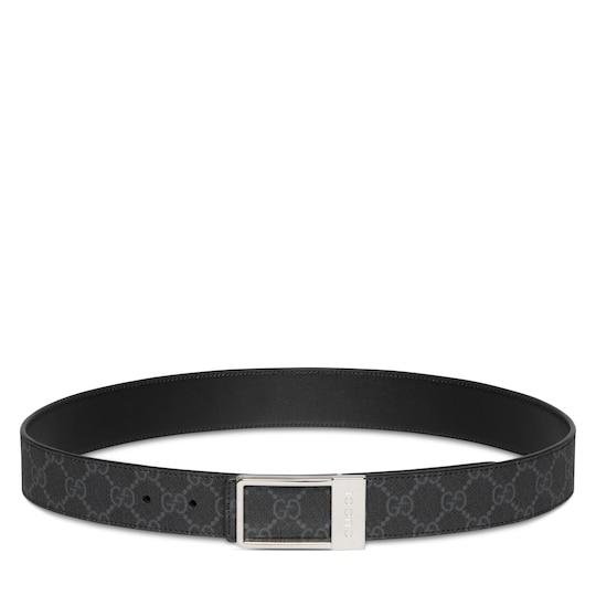 Reversible belt with rectangular buckle in black GG Supreme and leather by GUCCI
